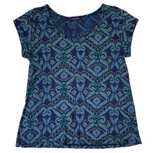 Fresh Produce Ikat Print Scoop Neck Tee Blue Green Large Made in USA